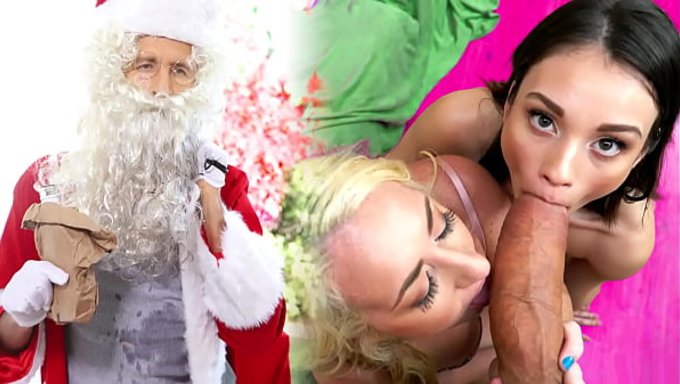 Janna Und Liv Verführten Den Weihnachtsmann, Der Ihnen Ein Geschenk Machte.